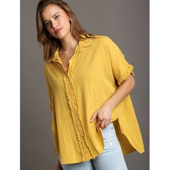 Umgee Gold Mustard Yellow Textured Cotton Button Down High/Low Raw Oversized Top - Picture 1 of 9